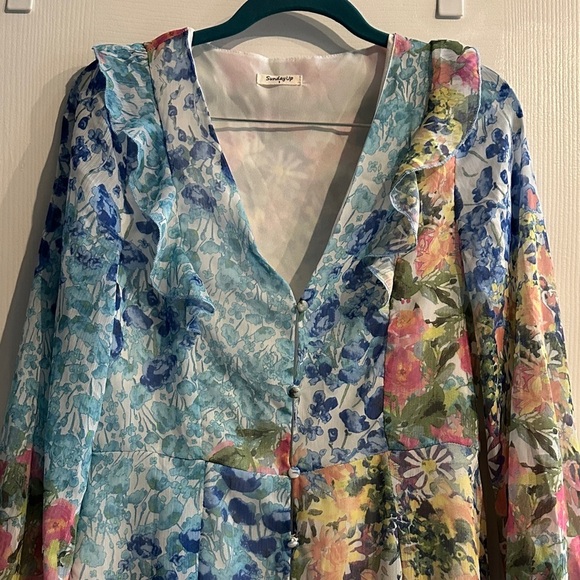 SundayUp Floral Long Sleeved V-Neck Dress Ruffles Small Picnic Casual Party - Picture 2 of 11